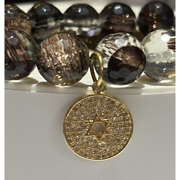 Star of David Charm Gold Tone Rhinestone Glass Bead Metallic Stretch Bracelet - Picture 1 of 11